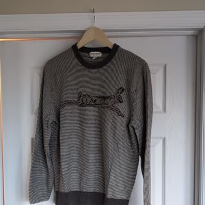 Men's Gray Striped Crewneck Sweater with Animal Design